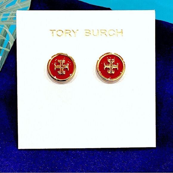 TORY BURCH KIRA RED CIRCLE STUD EARRINGS DOUBLE T LOGO - Picture 2 of 3